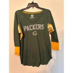Hands High Packers Top Women Large Green Excellent Glitter V-Neck‎ Long Sleeve